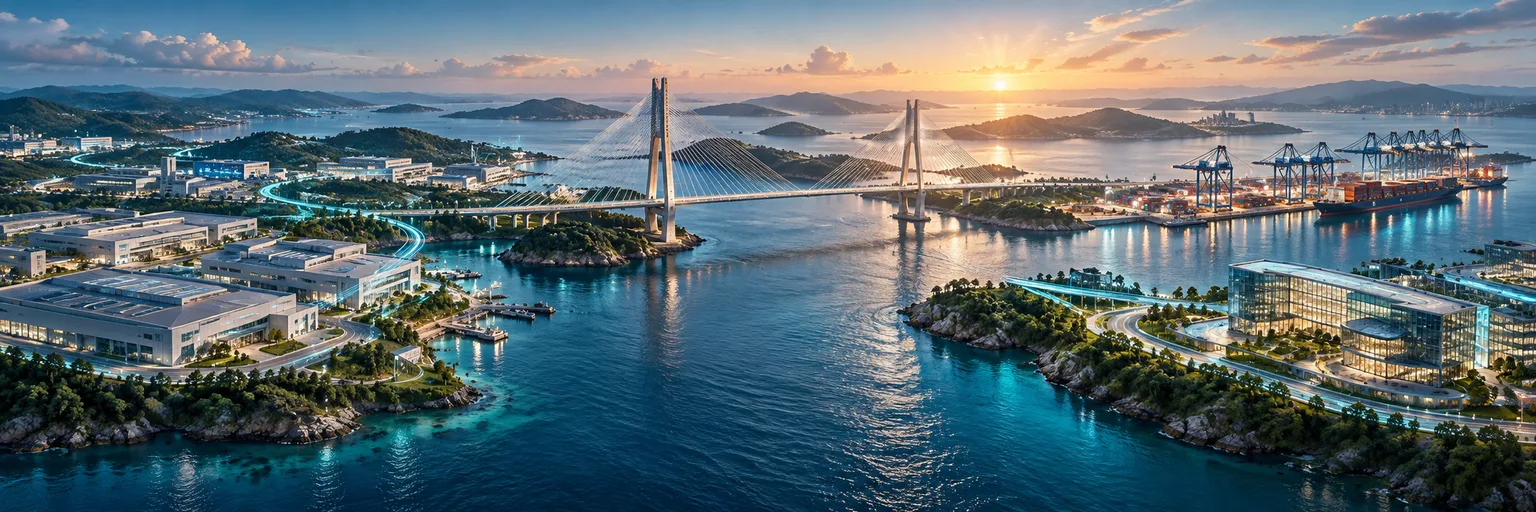 Ilustrasi panorama jembatan, pelabuhan, dan kawasan industri Batam saat matahari terbit